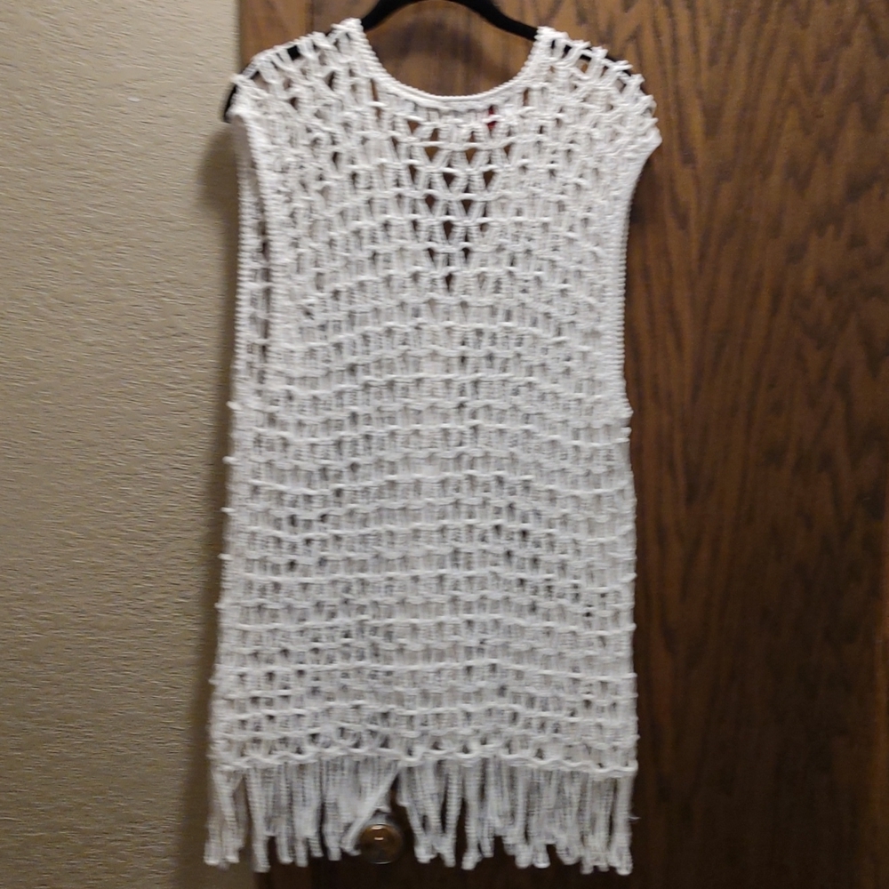 Vintage Open Knit Fringe Button Down Crochet Vest/Cardigan - Picture 5 of 5